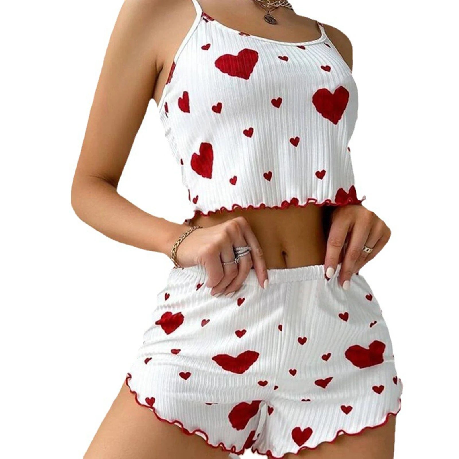 Conjunto de Pijama para Mujer – 2 Piezas Top y Short, Tallas S M L XL, Estampado Love, Suave y Transpirable