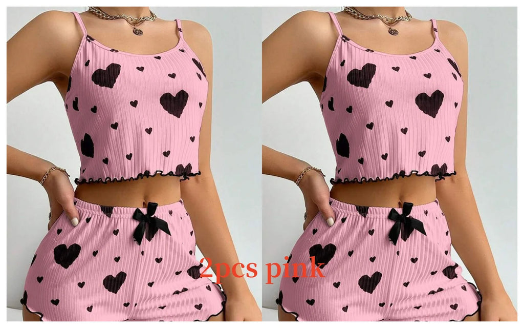 Conjunto de Pijama para Mujer – 2 Piezas Top y Short, Tallas S M L XL, Estampado Love, Suave y Transpirable