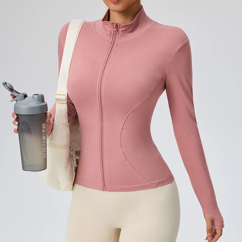 Campera Deportiva para Mujer – Manga Larga, Cuello Alto con Cierre, Protección Solar, Ideal para Pilates y Running