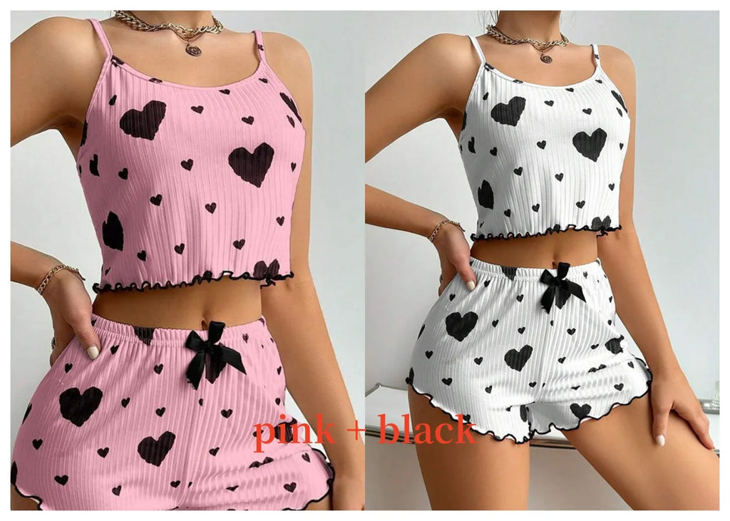 Conjunto de Pijama para Mujer – 2 Piezas Top y Short, Tallas S M L XL, Estampado Love, Suave y Transpirable