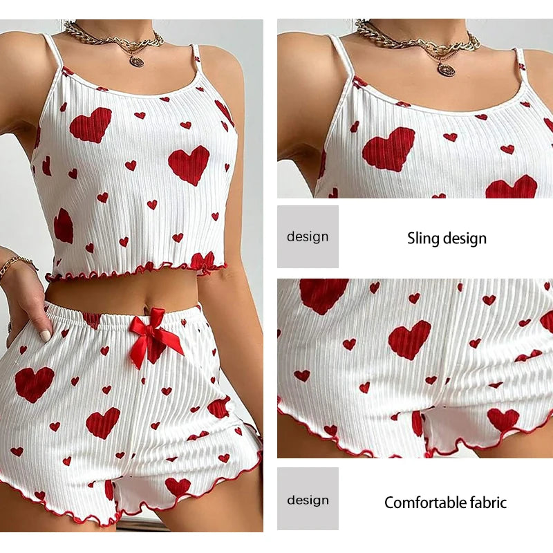 Conjunto de Pijama para Mujer – 2 Piezas Top y Short, Tallas S M L XL, Estampado Love, Suave y Transpirable