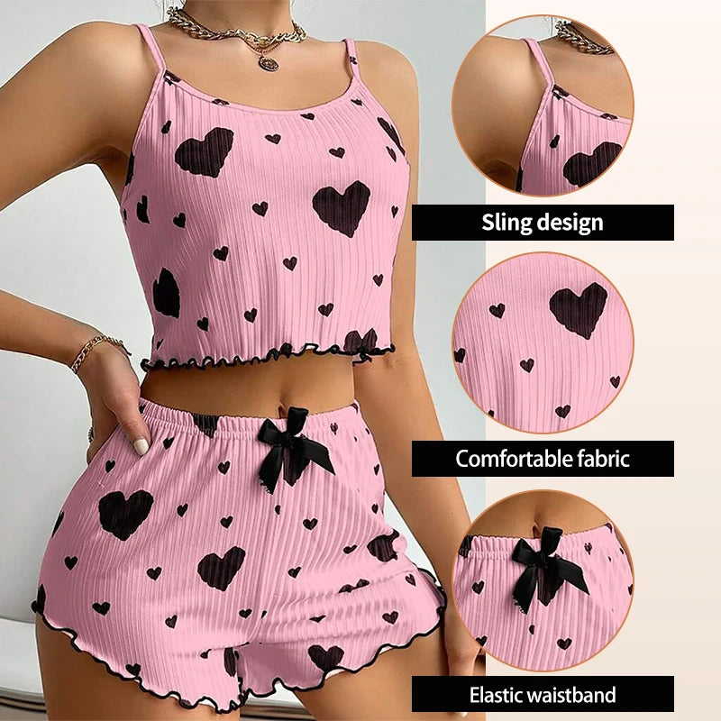 Conjunto de Pijama para Mujer – 2 Piezas Top y Short, Tallas S M L XL, Estampado Love, Suave y Transpirable