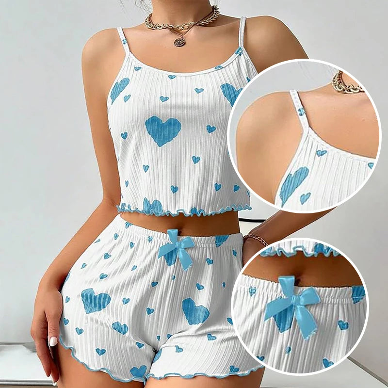 Conjunto de Pijama para Mujer – 2 Piezas Top y Short, Tallas S M L XL, Estampado Love, Suave y Transpirable