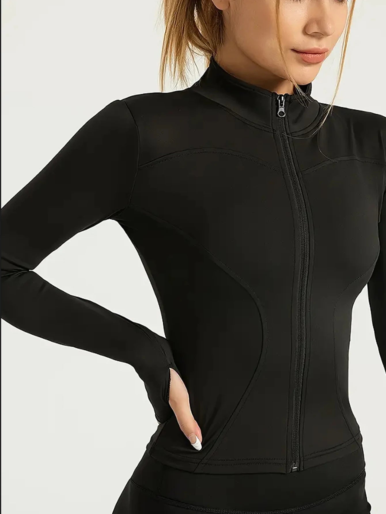 Campera Deportiva para Mujer – Manga Larga, Cuello Alto con Cierre, Protección Solar, Ideal para Pilates y Running