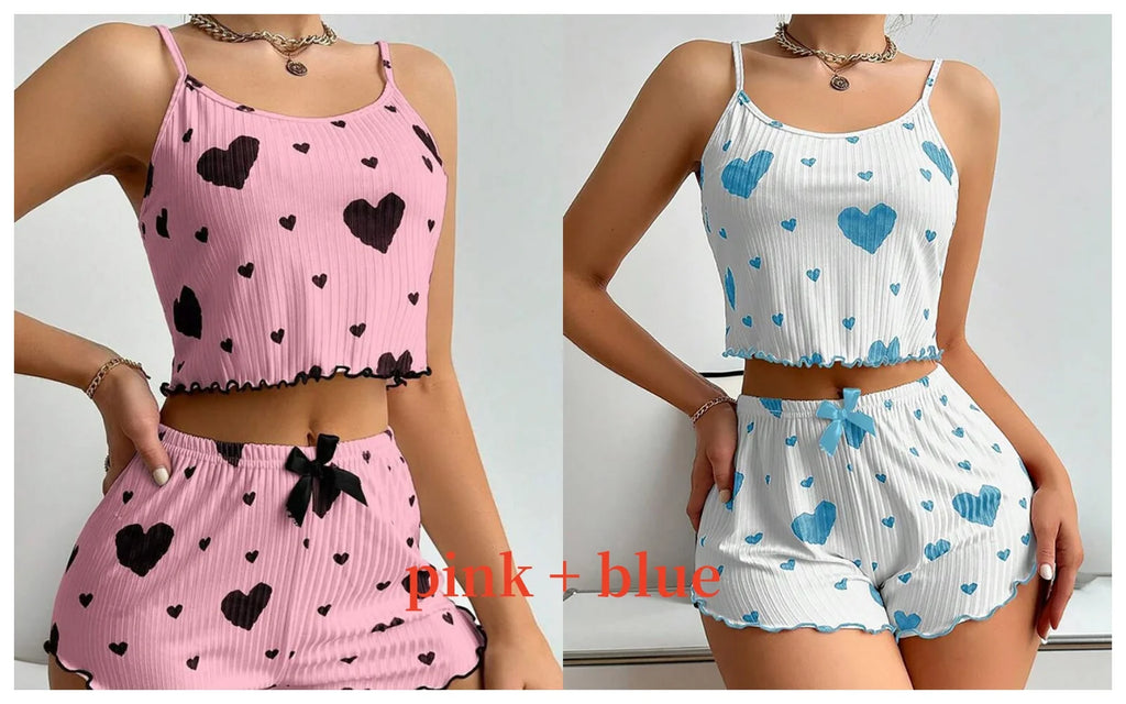 Conjunto de Pijama para Mujer – 2 Piezas Top y Short, Tallas S M L XL, Estampado Love, Suave y Transpirable