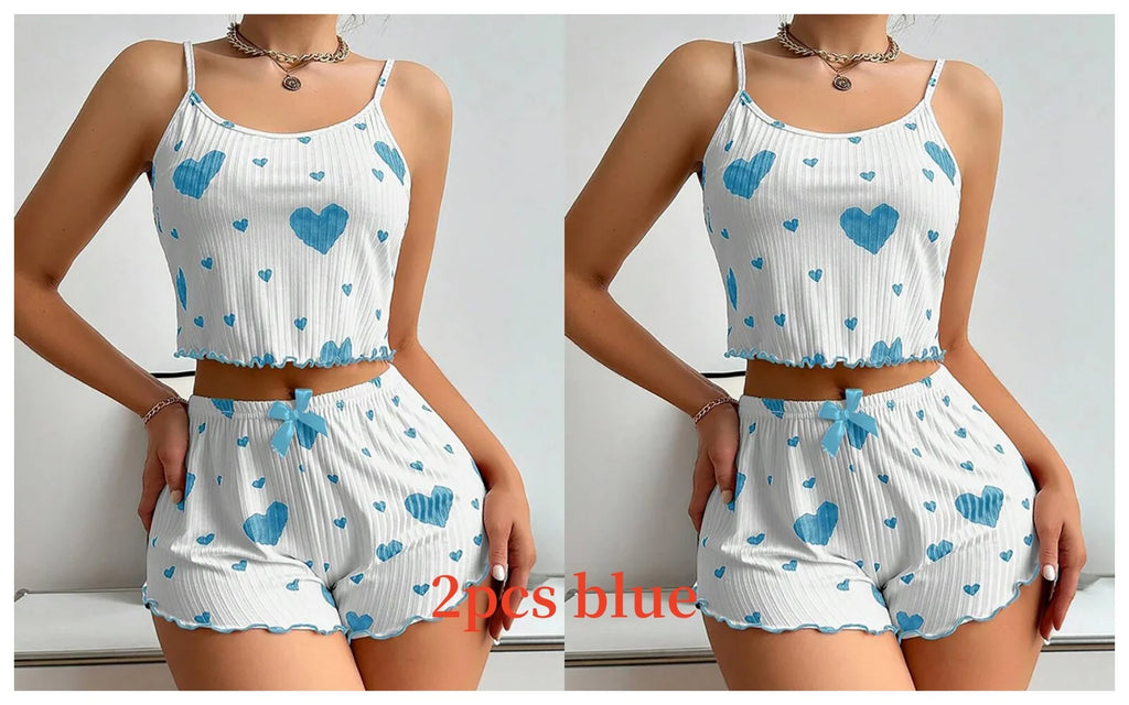 Conjunto de Pijama para Mujer – 2 Piezas Top y Short, Tallas S M L XL, Estampado Love, Suave y Transpirable