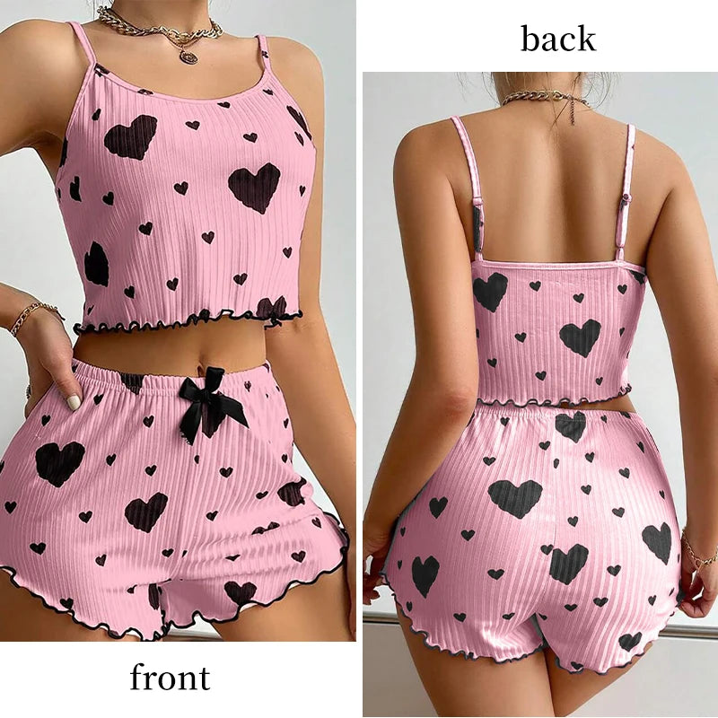 Conjunto de Pijama para Mujer – 2 Piezas Top y Short, Tallas S M L XL, Estampado Love, Suave y Transpirable