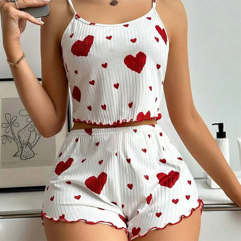 Conjunto de Pijama para Mujer – 2 Piezas Top y Short, Tallas S M L XL, Estampado Love, Suave y Transpirable
