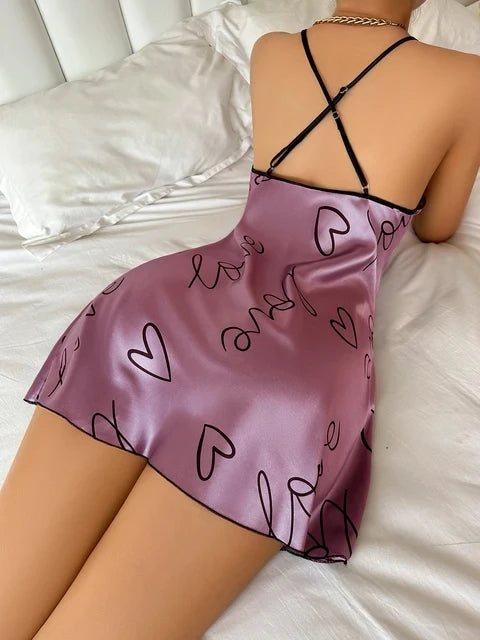 Vestido Camisón con Estampado de Corazones y Letras – Cuello Redondo, Tirantes, Ropa de Dormir para Mujer