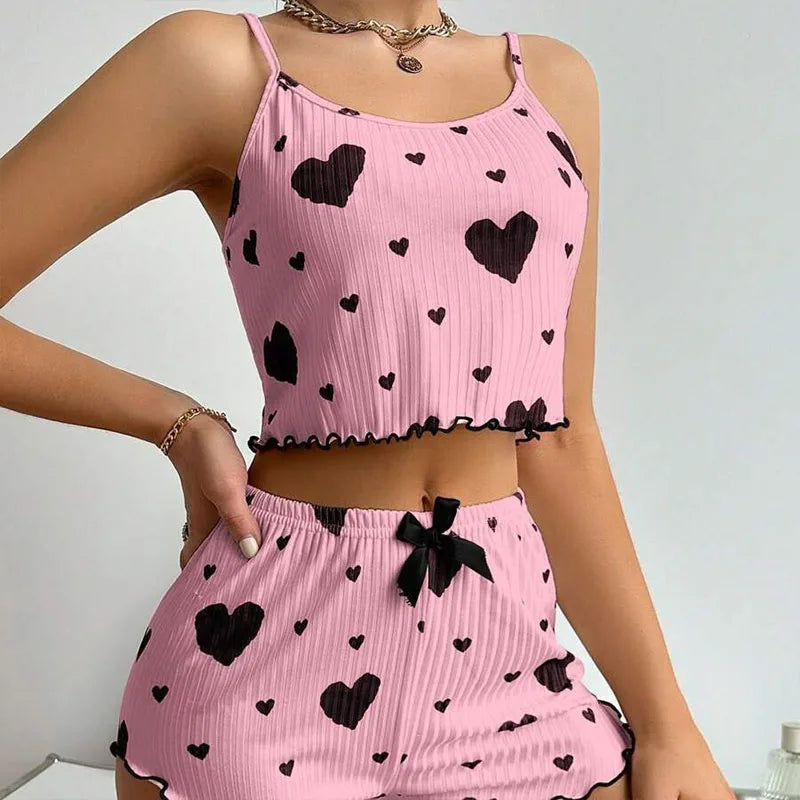 Conjunto de Pijama para Mujer – 2 Piezas Top y Short, Tallas S M L XL, Estampado Love, Suave y Transpirable